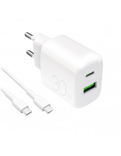 
USB-A USB-C sieninis įkroviklis su 30 W 1,2 m USB-C laidu – baltas

