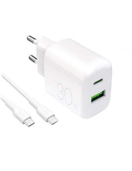 
USB-A USB-C sieninis įkroviklis su 30 W 1,2 m USB-C laidu – baltas
