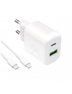 
USB-A USB-C sieninis įkroviklis su USB-C laidu 25W 1.2m - baltas
