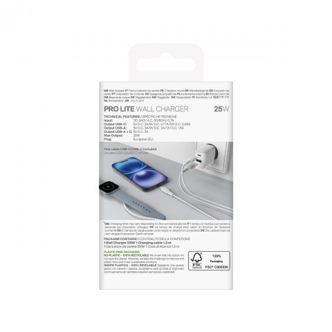 
USB-A USB-C sieninis įkroviklis su USB-C laidu 25W 1.2m - baltas
