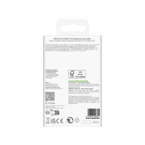 
USB-A - USB-C TPE 10W 3m kabelis - baltas
