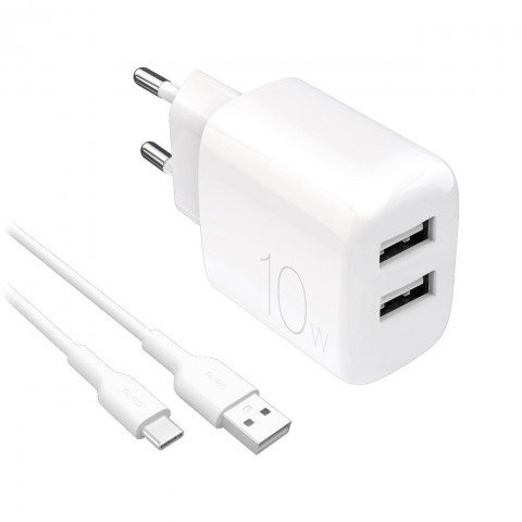 
2x USB-A PROLITE 10W sieninis įkroviklis su 1,2 m USB-A - USB-C laidu - baltas
