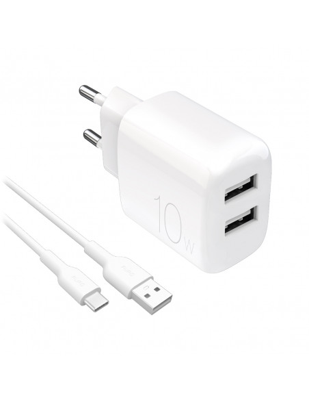 
2x USB-A PROLITE 10W sieninis įkroviklis su 1,2 m USB-A - USB-C laidu - baltas
