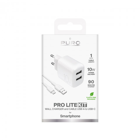 
2x USB-A PROLITE 10W sieninis įkroviklis su 1,2 m USB-A - USB-C laidu - baltas

