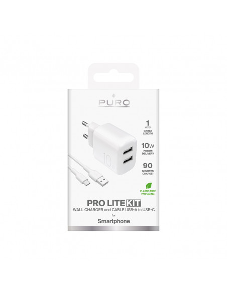 
2x USB-A PROLITE 10W sieninis įkroviklis su 1,2 m USB-A - USB-C laidu - baltas
