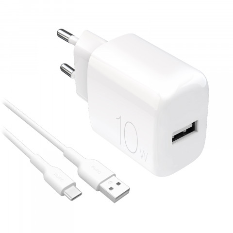 
PROLITE 10W USB-A sieninis įkroviklis su 1,2 m USB-A - USB-C laidu - baltas

