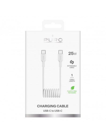 
USB-C 25W 1m spiralinis kabelis – baltas
