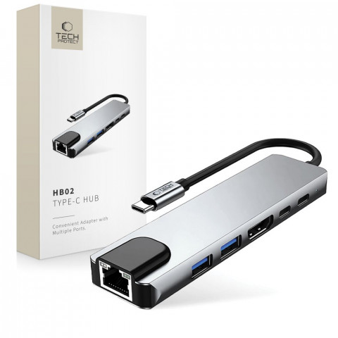 
6in1 šakotuvo adapteris USB-C USB-A HDMI RJ45 4K 30Hz PD 100W - pilkas
