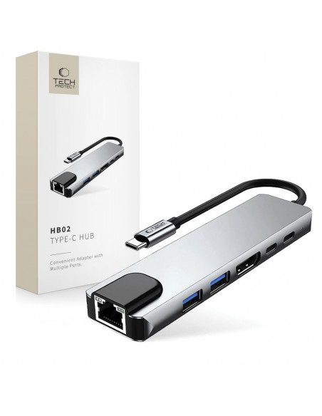 
6in1 šakotuvo adapteris USB-C USB-A HDMI RJ45 4K 30Hz PD 100W - pilkas
