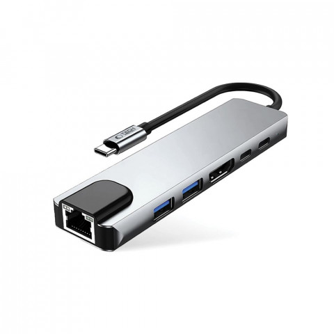 
6in1 šakotuvo adapteris USB-C USB-A HDMI RJ45 4K 30Hz PD 100W - pilkas
