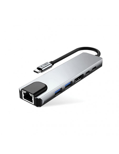 
6in1 šakotuvo adapteris USB-C USB-A HDMI RJ45 4K 30Hz PD 100W - pilkas
