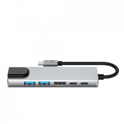 
6in1 šakotuvo adapteris USB-C USB-A HDMI RJ45 4K 30Hz PD 100W - pilkas
