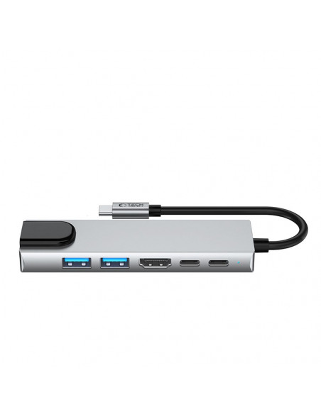 
6in1 šakotuvo adapteris USB-C USB-A HDMI RJ45 4K 30Hz PD 100W - pilkas
