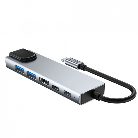 
6in1 šakotuvo adapteris USB-C USB-A HDMI RJ45 4K 30Hz PD 100W - pilkas
