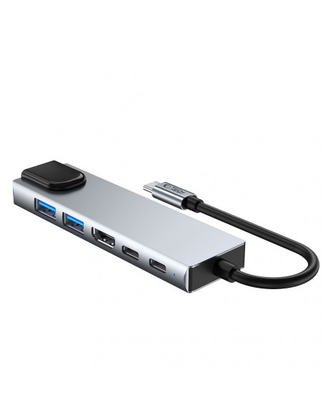 
6in1 šakotuvo adapteris USB-C USB-A HDMI RJ45 4K 30Hz PD 100W - pilkas
