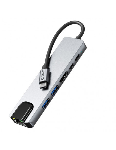 
6in1 šakotuvo adapteris USB-C USB-A HDMI RJ45 4K 30Hz PD 100W - pilkas
