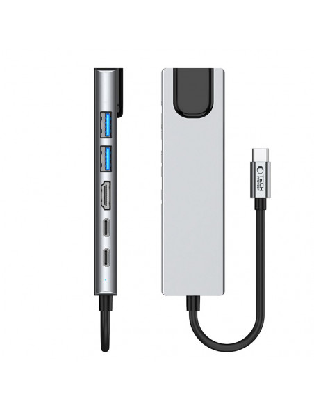 
6in1 šakotuvo adapteris USB-C USB-A HDMI RJ45 4K 30Hz PD 100W - pilkas
