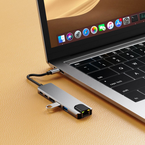 
6in1 šakotuvo adapteris USB-C USB-A HDMI RJ45 4K 30Hz PD 100W - pilkas

