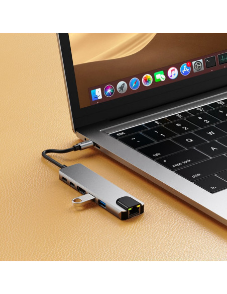 
6in1 šakotuvo adapteris USB-C USB-A HDMI RJ45 4K 30Hz PD 100W - pilkas
