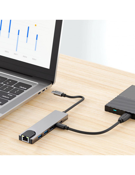 
6in1 šakotuvo adapteris USB-C USB-A HDMI RJ45 4K 30Hz PD 100W - pilkas
