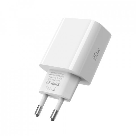 
USB-C sieninis įkroviklis su USB-C PD 20W laidu – baltas
