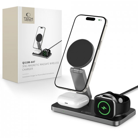 
3 viename indukcinis įkroviklis išmaniesiems telefonams, išmaniesiems laikrodžiams, ausinėms su USB-C laidu - juodas
