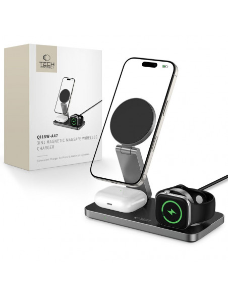 
3 viename indukcinis įkroviklis išmaniesiems telefonams, išmaniesiems laikrodžiams, ausinėms su USB-C laidu - juodas
