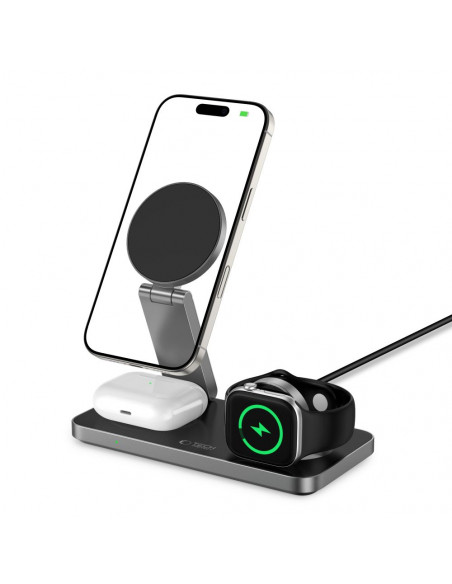 
3 viename indukcinis įkroviklis išmaniesiems telefonams, išmaniesiems laikrodžiams, ausinėms su USB-C laidu - juodas
