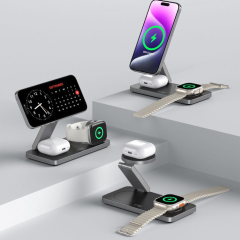 
3 viename indukcinis įkroviklis išmaniesiems telefonams, išmaniesiems laikrodžiams, ausinėms su USB-C laidu - juodas
