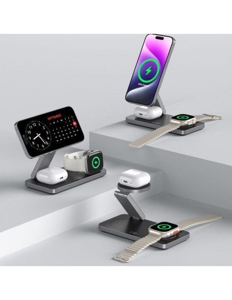 
3 viename indukcinis įkroviklis išmaniesiems telefonams, išmaniesiems laikrodžiams, ausinėms su USB-C laidu - juodas
