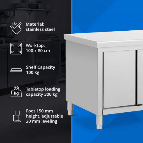 
Stalas, centrinis stalviršis su spintele, stumdomos durys, PLIENAS 100 x 80 cm
