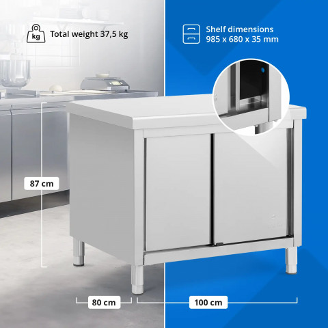 
Stalas, centrinis stalviršis su spintele, stumdomos durys, PLIENAS 100 x 80 cm
