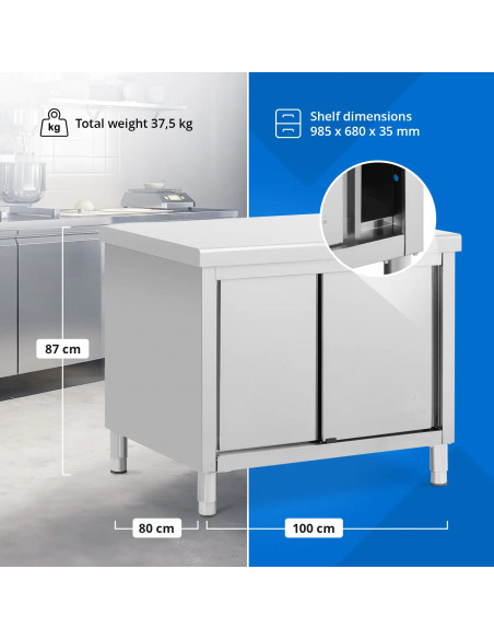 
Stalas, centrinis stalviršis su spintele, stumdomos durys, PLIENAS 100 x 80 cm
