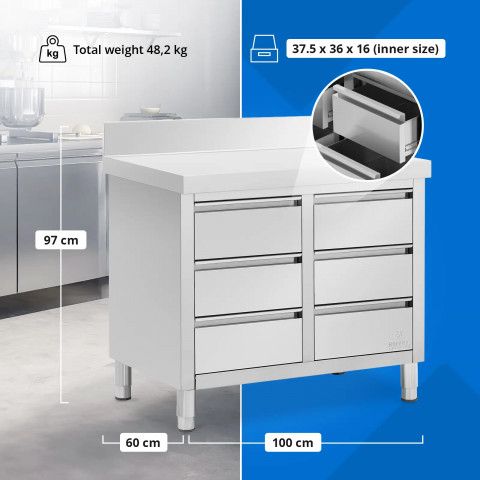 
Prie sienos tvirtinama virtuvės spintelė su 6 stalčiais, PLIENINĖ, 100 x 60 cm
