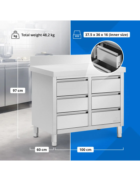 
Prie sienos tvirtinama virtuvės spintelė su 6 stalčiais, PLIENINĖ, 100 x 60 cm
