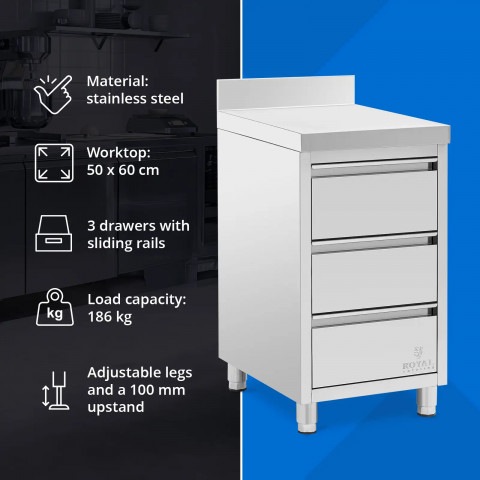 
Prie sienos tvirtinama virtuvės spintelė su 3 stalčiais, plieninė, 50 x 60 cm
