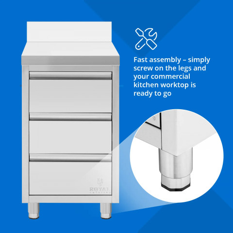 
Prie sienos tvirtinama virtuvės spintelė su 3 stalčiais, plieninė, 50 x 60 cm
