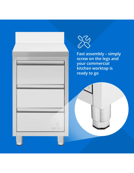 
Prie sienos tvirtinama virtuvės spintelė su 3 stalčiais, plieninė, 50 x 60 cm
