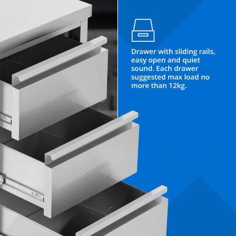 
Prie sienos tvirtinama virtuvės spintelė su 3 stalčiais, plieninė, 50 x 60 cm
