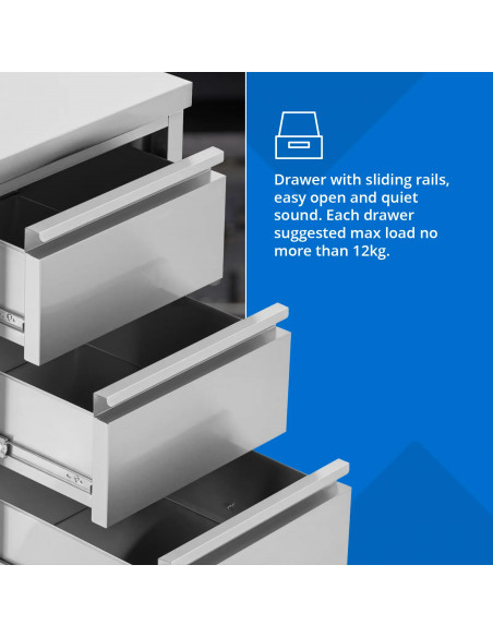 
Prie sienos tvirtinama virtuvės spintelė su 3 stalčiais, plieninė, 50 x 60 cm
