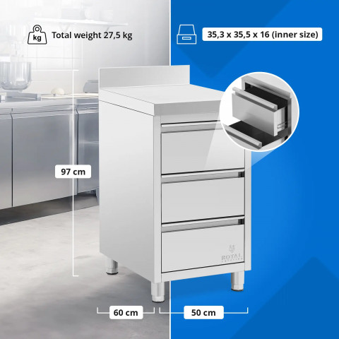 
Prie sienos tvirtinama virtuvės spintelė su 3 stalčiais, plieninė, 50 x 60 cm
