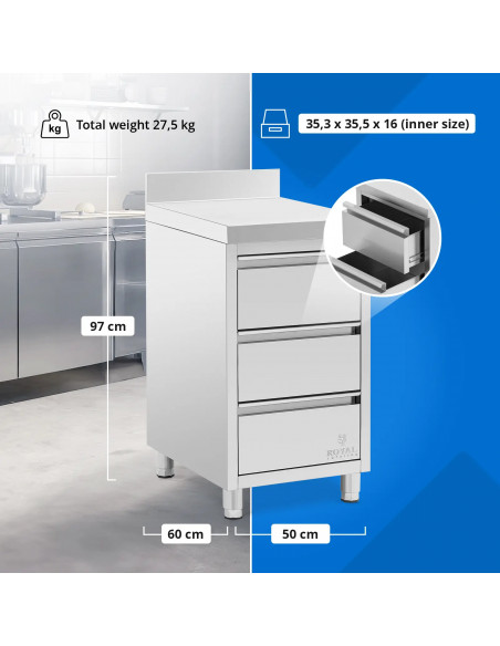 
Prie sienos tvirtinama virtuvės spintelė su 3 stalčiais, plieninė, 50 x 60 cm
