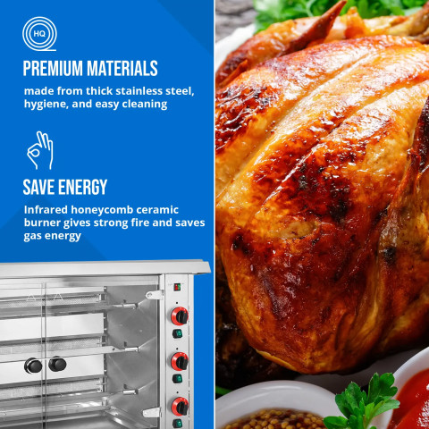 
Dujinė kepsninė 15 vištų, 3 iešmeliai, propanas-butanas, 15 kW
