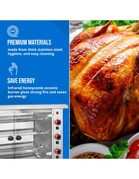 
Dujinė kepsninė 15 vištų, 3 iešmeliai, propanas-butanas, 15 kW
