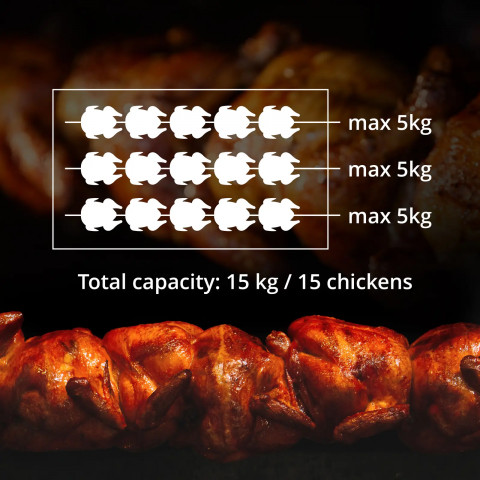 
Dujinė kepsninė 15 vištų, 3 iešmeliai, propanas-butanas, 15 kW
