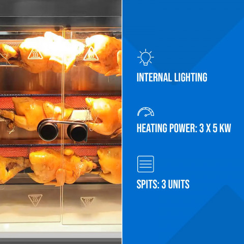 
Dujinė kepsninė 15 vištų, 3 iešmeliai, propanas-butanas, 15 kW
