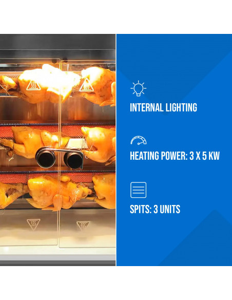 
Dujinė kepsninė 15 vištų, 3 iešmeliai, propanas-butanas, 15 kW
