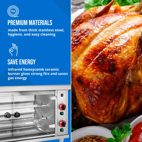 
Dujinė kepsninė 10 vištų, 2 iešmeliai, propanas-butanas, 10 kW
