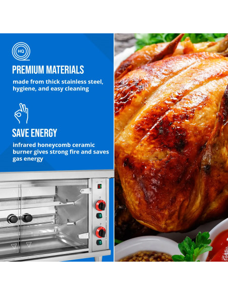 
Dujinė kepsninė 10 vištų, 2 iešmeliai, propanas-butanas, 10 kW
