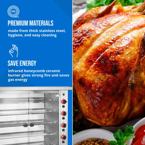 
Dujinė kepsninė 25 vištoms, 5 iešmeliai, propanas-butanas, 25 kW
